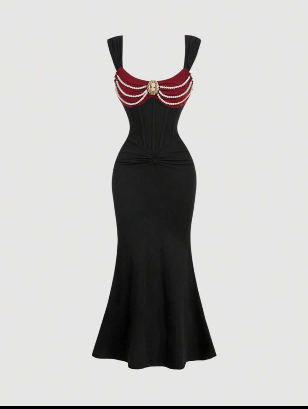 SHEIN Black Maxi Dress with Burgundy Bodice and Pearl Chains